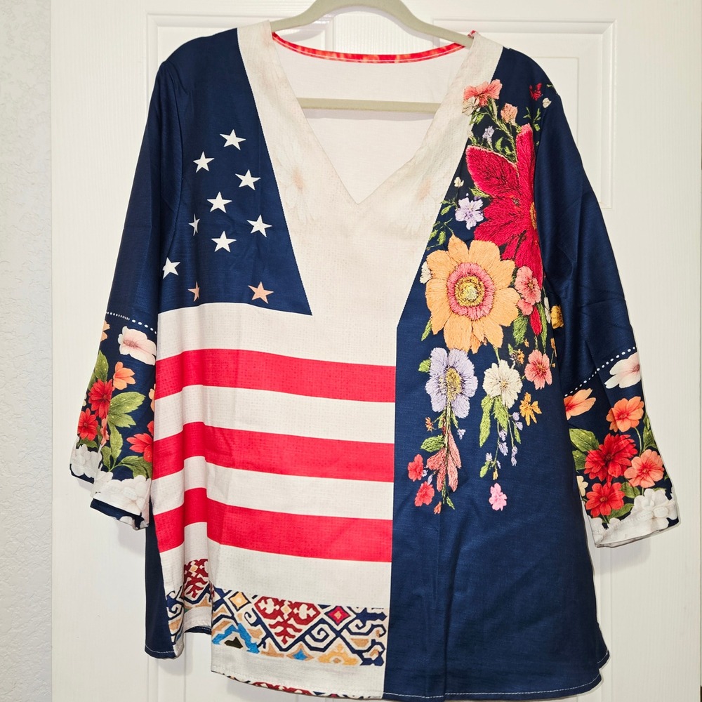 Floral American Flag Patriotic Tunic Top USA Print Patriotic 3/4 Sleeve XL